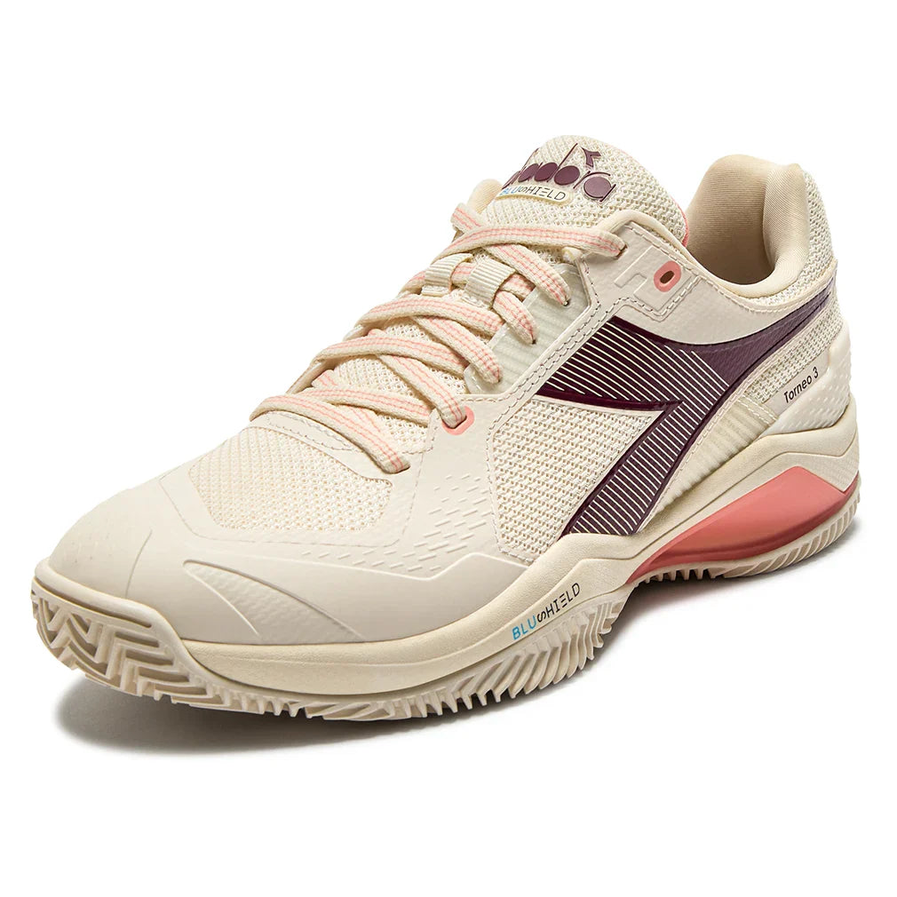 Women`s Blushield Torneo 3 Clay Tennis Shoes Whisper White and Maroon Footwear Diadora