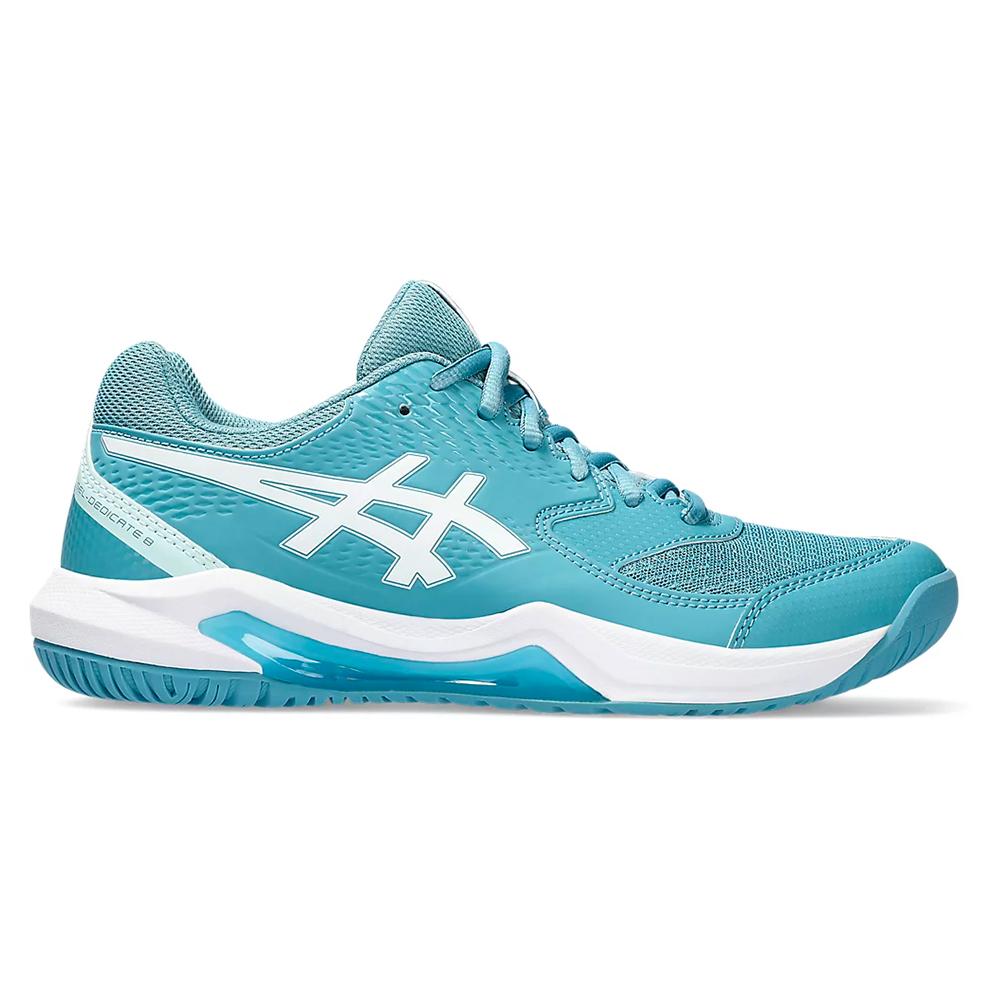 Women's Gel-Dedicate 8 Tennis Shoes Gris Blue and White Footwear Asics