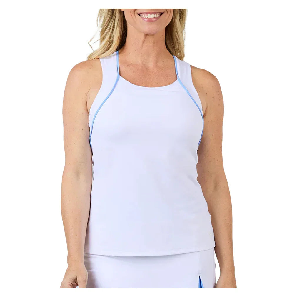 Women`s Racerback Tennis Tank White and Periwinkle Apparel Sofibella