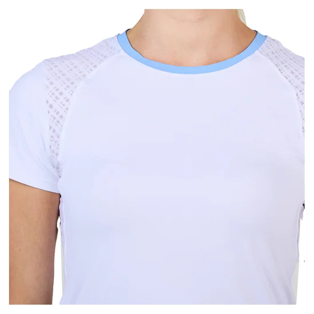 Women`s Short Sleeve Tennis Top White and Periwinkle Apparel Sofibella