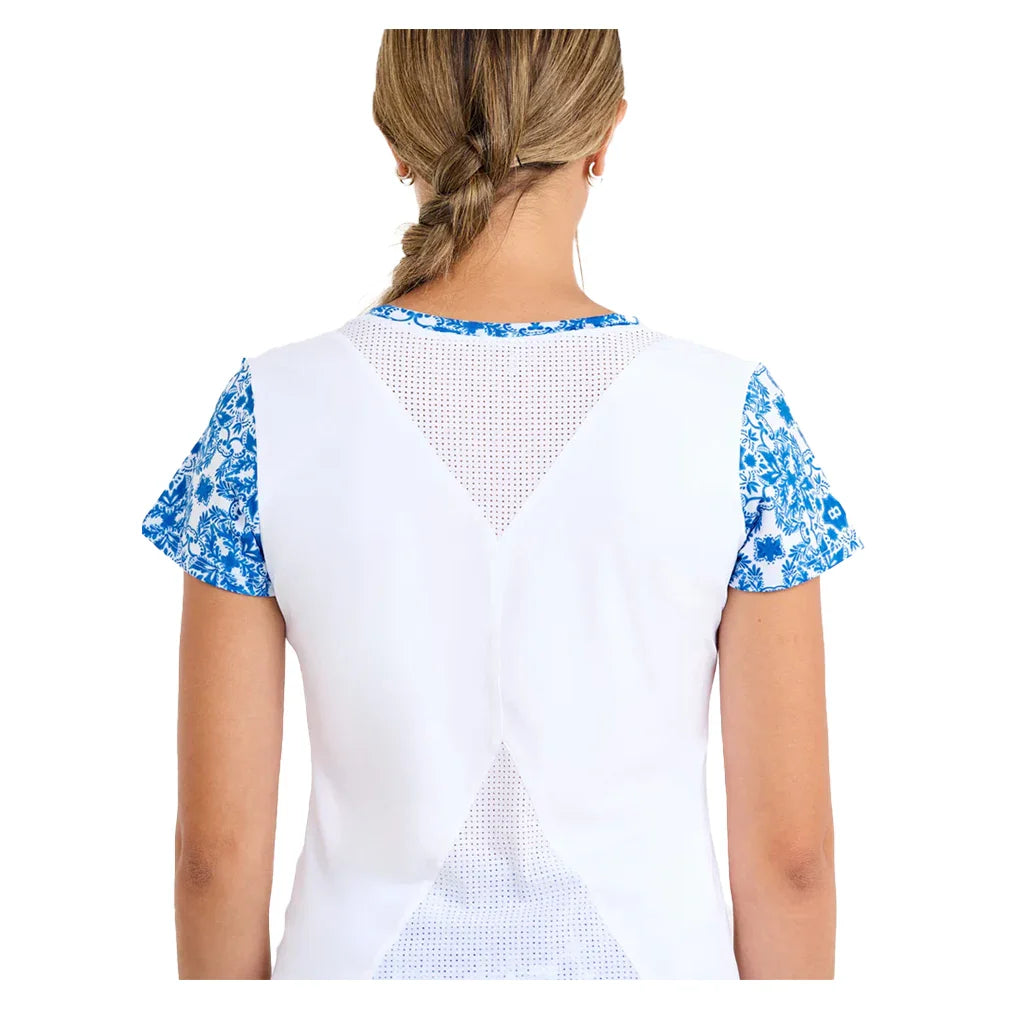 Women`s Short Sleeve Tennis Top White and Sandra Tiles Apparel Sofibella