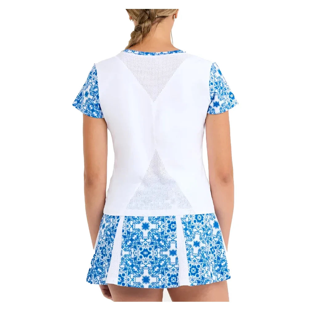 Women`s Short Sleeve Tennis Top White and Sandra Tiles Apparel Sofibella