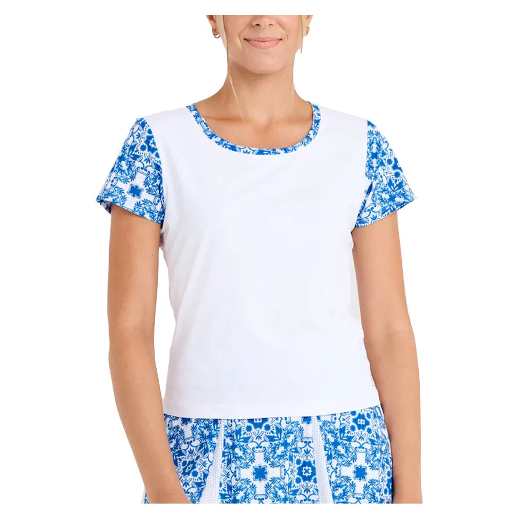 Women`s Short Sleeve Tennis Top White and Sandra Tiles Apparel Sofibella