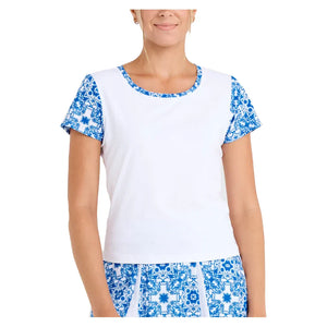 Women`s Short Sleeve Tennis Top White and Sandra Tiles Apparel Sofibella