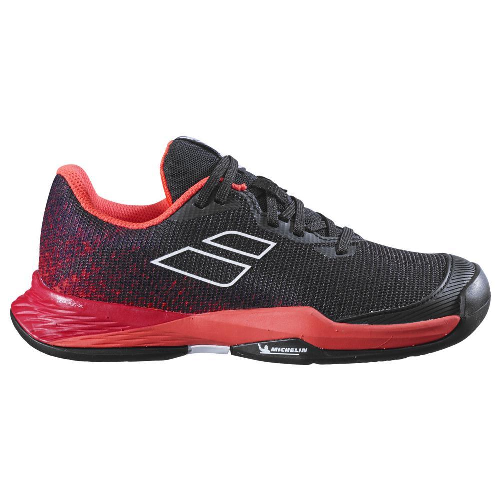 Juniors' Jet Mach 3 All Court Tennis Shoes Black and Poppy Red Babolat