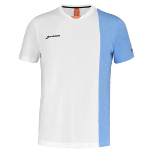Men`s Play Crew Neck Tennis Top White and Blithe Blue Heather Apparel Babolat