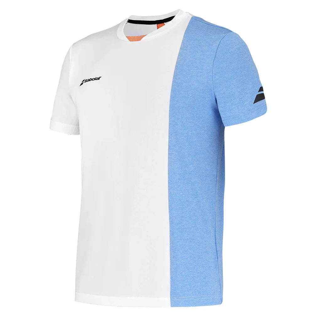 Men`s Play Crew Neck Tennis Top White and Blithe Blue Heather Apparel Babolat