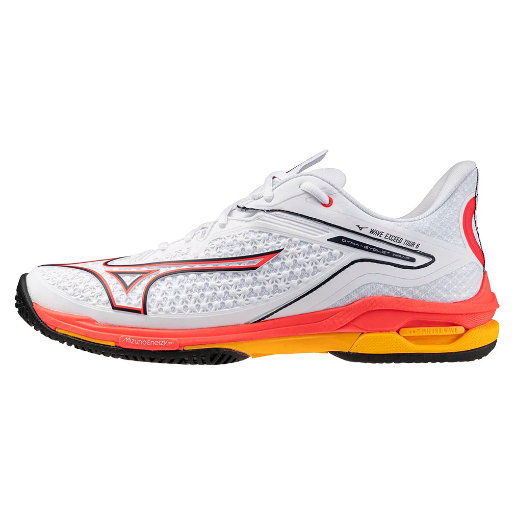 Men`s Wave Exceed Tour 6 AC Tennis Shoes White and Fiery Coral Footwear Mizuno