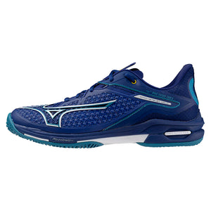 Men`s Wave Exceed Tour 6 Tennis Shoes Bellwether Blue and White Footwear Mizuno