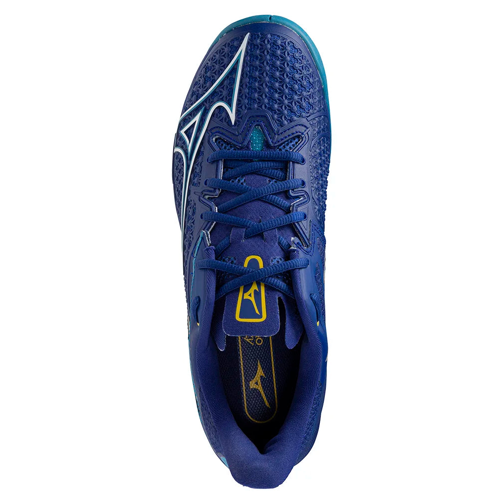 Men`s Wave Exceed Tour 6 Tennis Shoes Bellwether Blue and White Footwear Mizuno