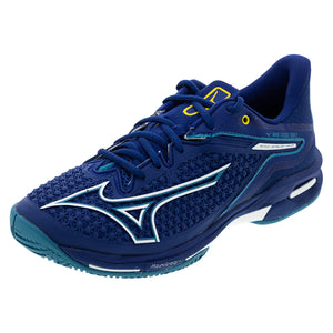 Men`s Wave Exceed Tour 6 Tennis Shoes Bellwether Blue and White Footwear Mizuno