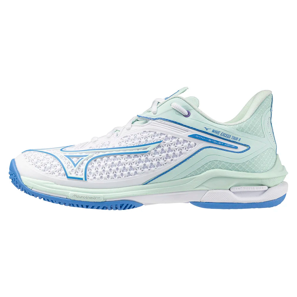 Women`s Wave Exceed Tour 6 Tennis Shoes White and Frontier Blue Footwear Mizuno
