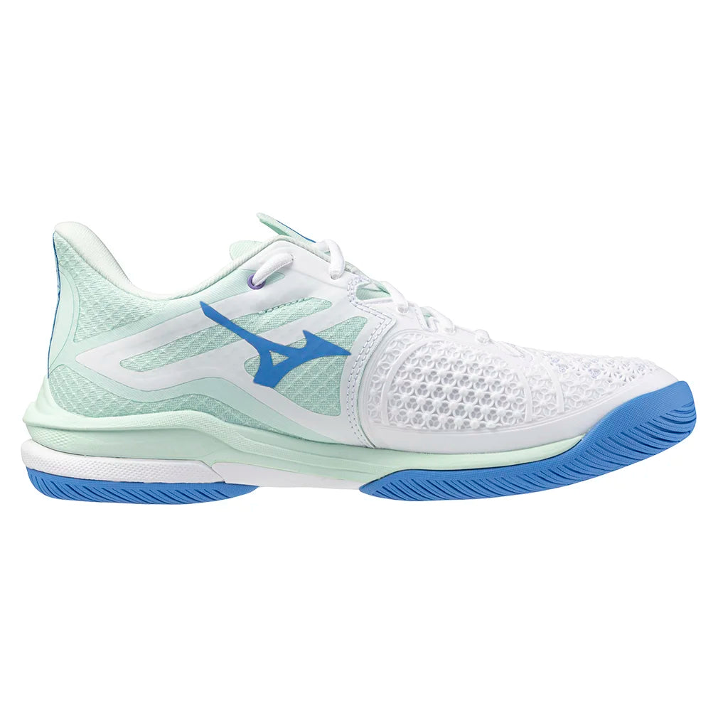 Women`s Wave Exceed Tour 6 Tennis Shoes White and Frontier Blue Footwear Mizuno