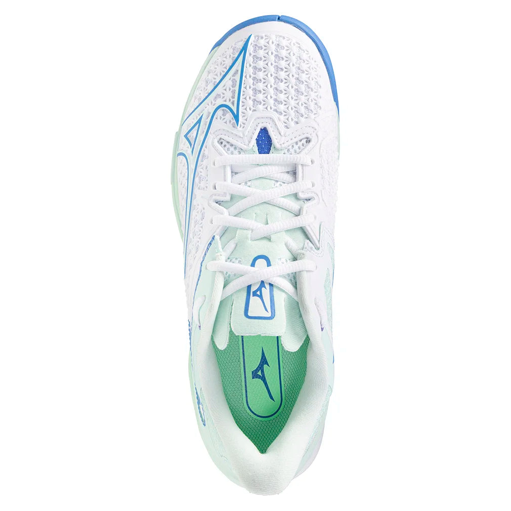 Women`s Wave Exceed Tour 6 Tennis Shoes White and Frontier Blue Footwear Mizuno