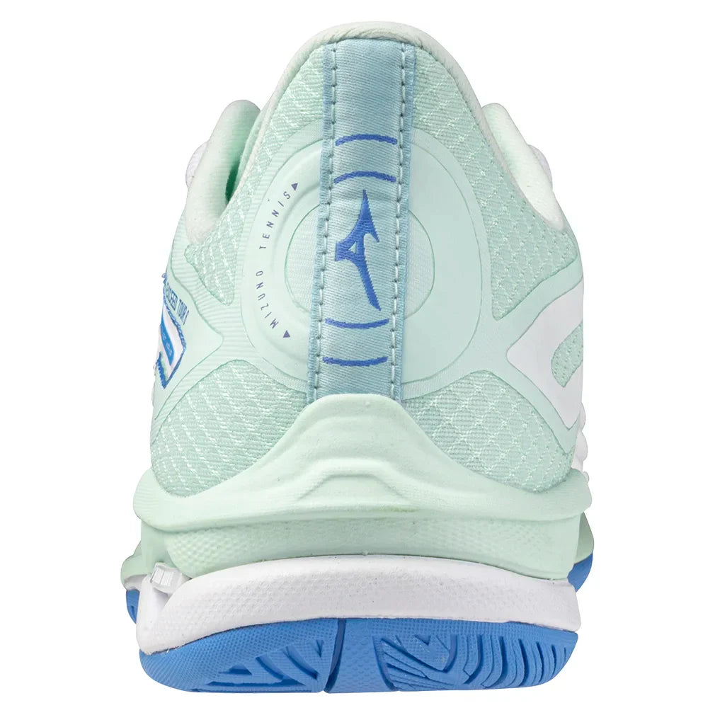 Women`s Wave Exceed Tour 6 Tennis Shoes White and Frontier Blue Footwear Mizuno