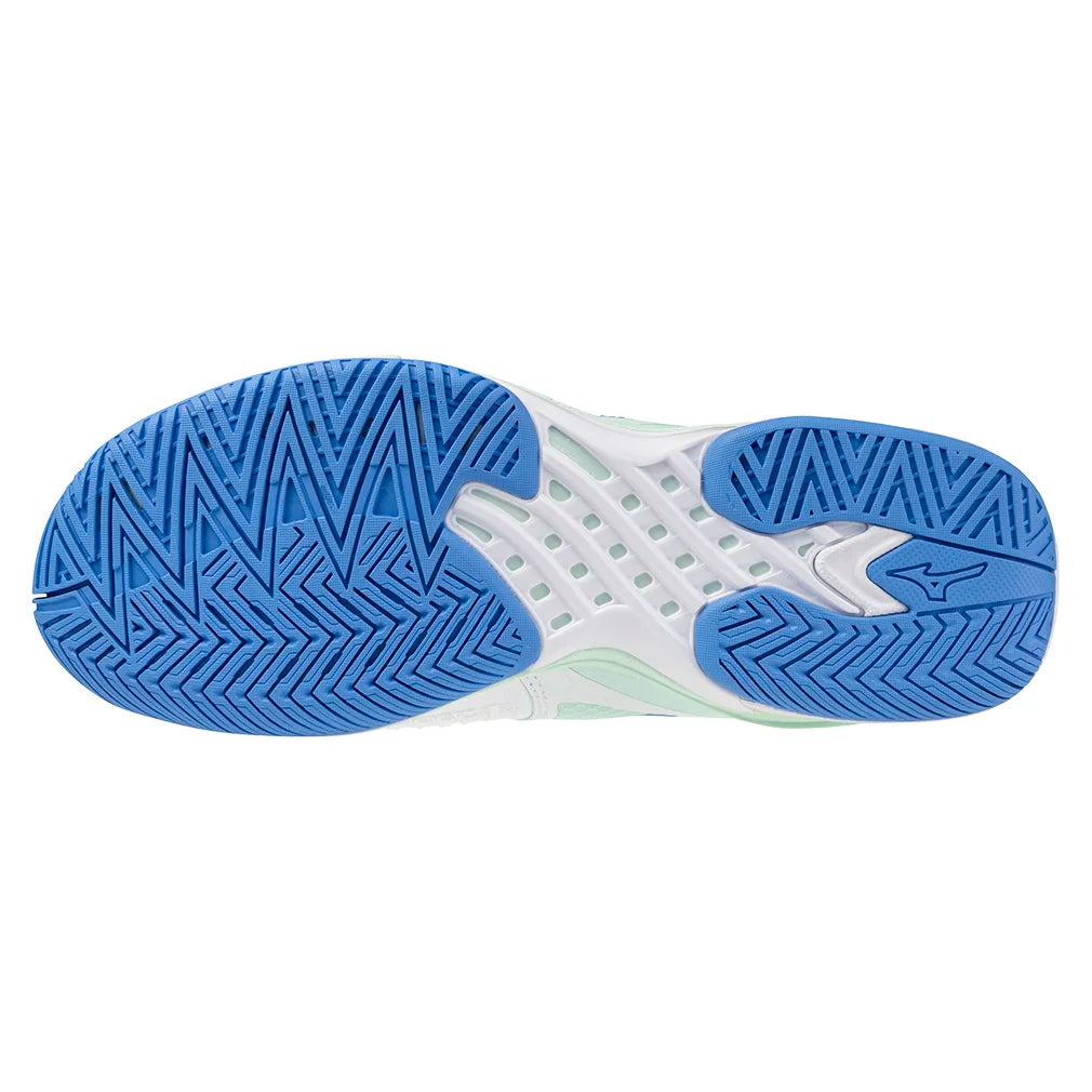Women`s Wave Exceed Tour 6 Tennis Shoes White and Frontier Blue Footwear Mizuno