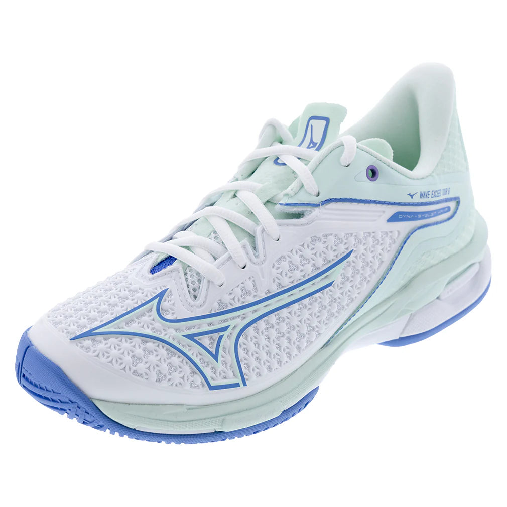 Women`s Wave Exceed Tour 6 Tennis Shoes White and Frontier Blue Footwear Mizuno