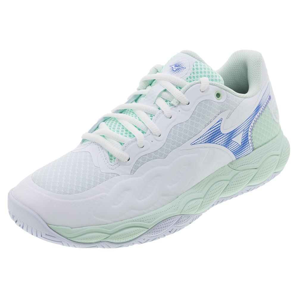 Women`s Wave Enforce Court Tennis Shoes White and Frontier Blue Footwear Mizuno