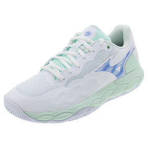 Women`s Wave Enforce Court Tennis Shoes White and Frontier Blue Footwear Mizuno