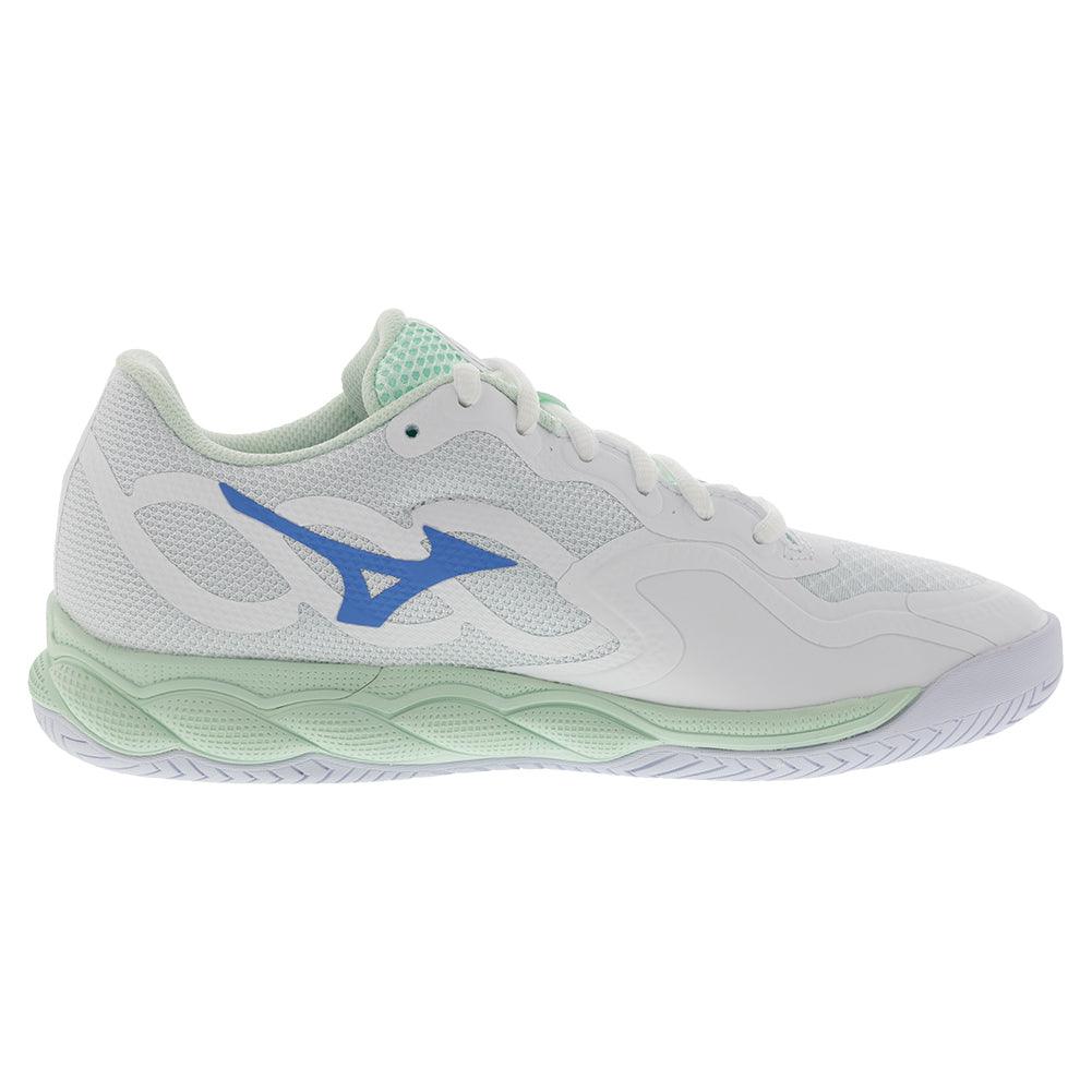Women`s Wave Enforce Court Tennis Shoes White and Frontier Blue Footwear Mizuno