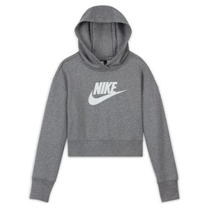 Girls' Sportswear Club French Terry Cropped Hoodie Carbon Heather and White Apparel Nike
