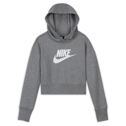 Girls' Sportswear Club French Terry Cropped Hoodie Carbon Heather and White Apparel Nike