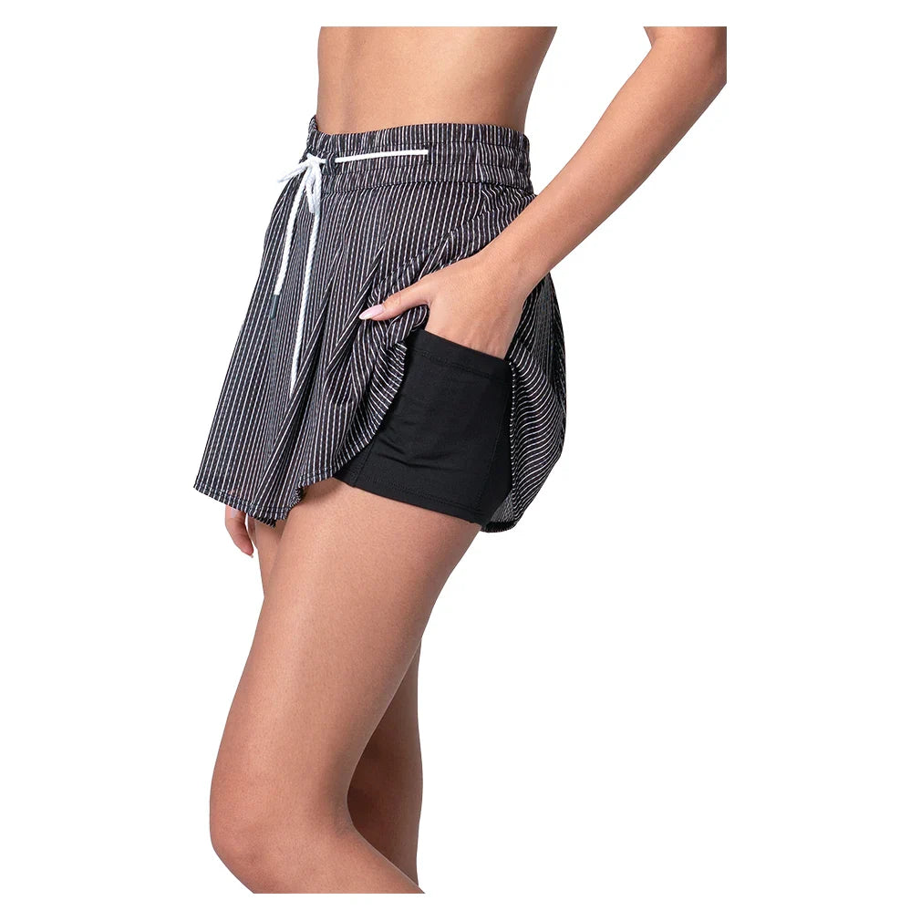 Women`s High Waist Pinstripe Tennis Skort Black Apparel Lucky In Love