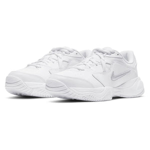 Juniors' Court Lite 2 Tennis Shoes White and Metallic Silver Footwear Nike