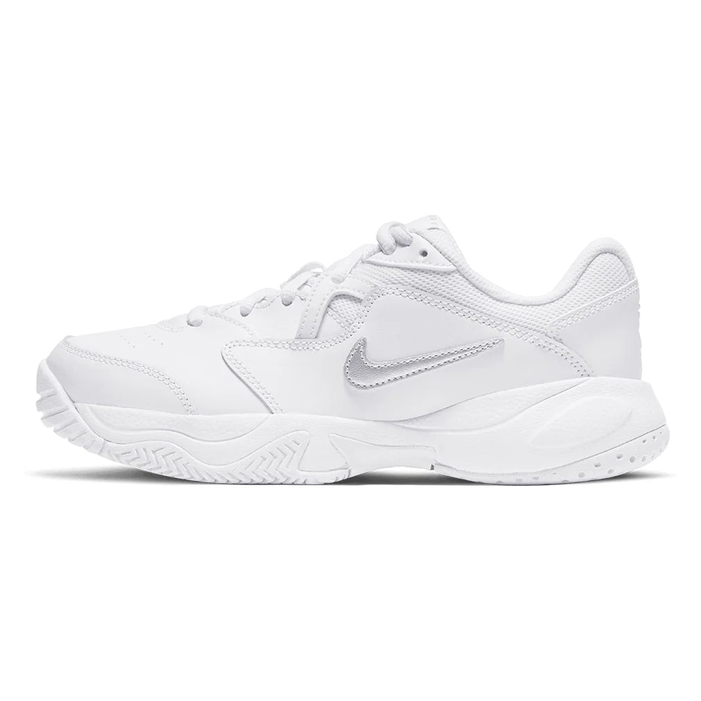 Juniors' Court Lite 2 Tennis Shoes White and Metallic Silver Footwear Nike