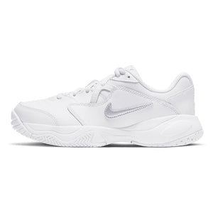 Juniors' Court Lite 2 Tennis Shoes White and Metallic Silver Footwear Nike