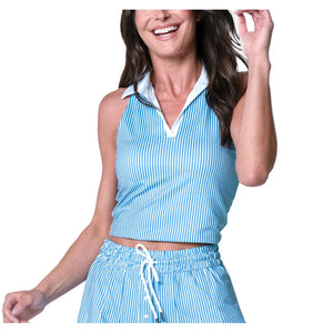 Women`s Hip Fit Linen Stripe Tennis Tank Periwinkle Apparel Lucky In Love