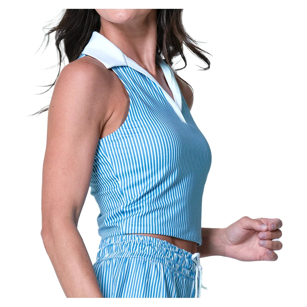 Women`s Hip Fit Linen Stripe Tennis Tank Periwinkle Apparel Lucky In Love
