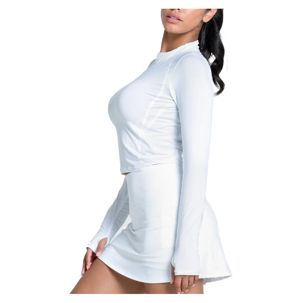 Women`s Mock Neck Hip Fit Long Sleeve Tennis Top White Apparel Lucky In Love