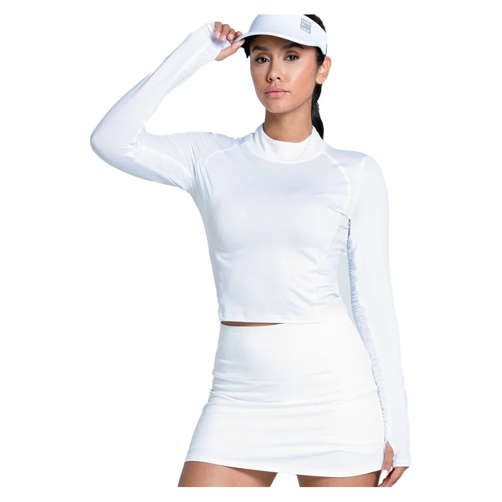 Women`s Mock Neck Hip Fit Long Sleeve Tennis Top White Apparel Lucky In Love