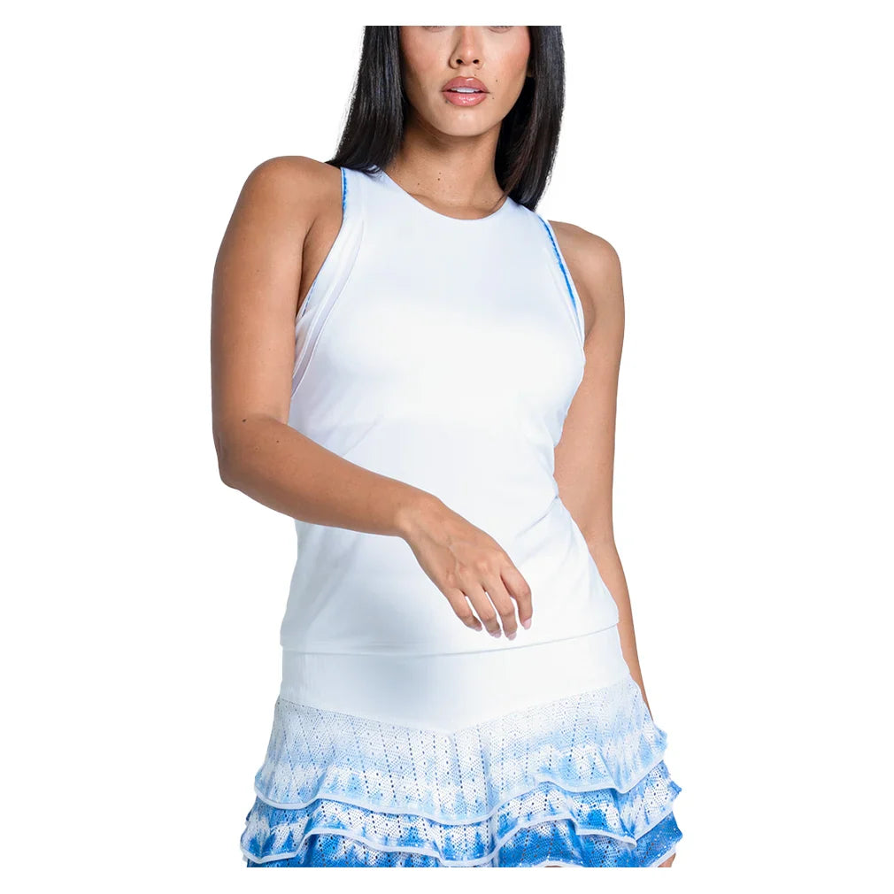 Women`s Shibori Stripe Tennis Tank with Bra White Apparel Lucky In Love