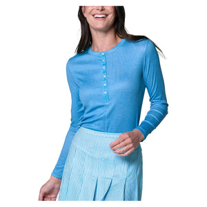 Women`s Linen Play Henley Long Sleeve Tennis Top Periwinkle Apparel Lucky In Love