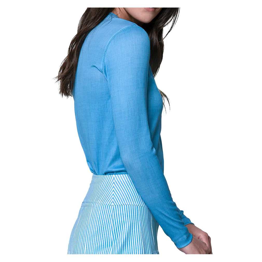 Women`s Linen Play Henley Long Sleeve Tennis Top Periwinkle Apparel Lucky In Love