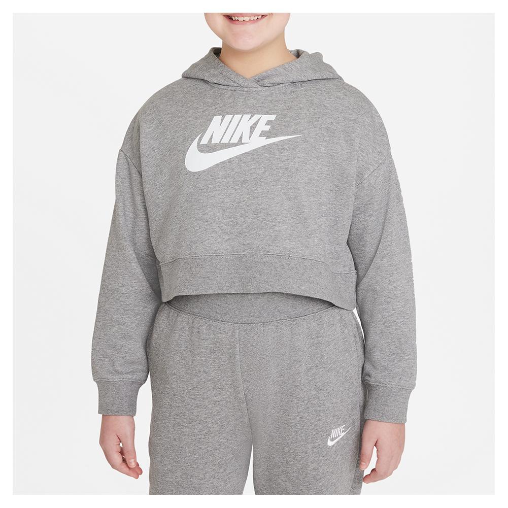 Girls' Sportswear Club French Terry Cropped Hoodie Carbon Heather and White Apparel Nike