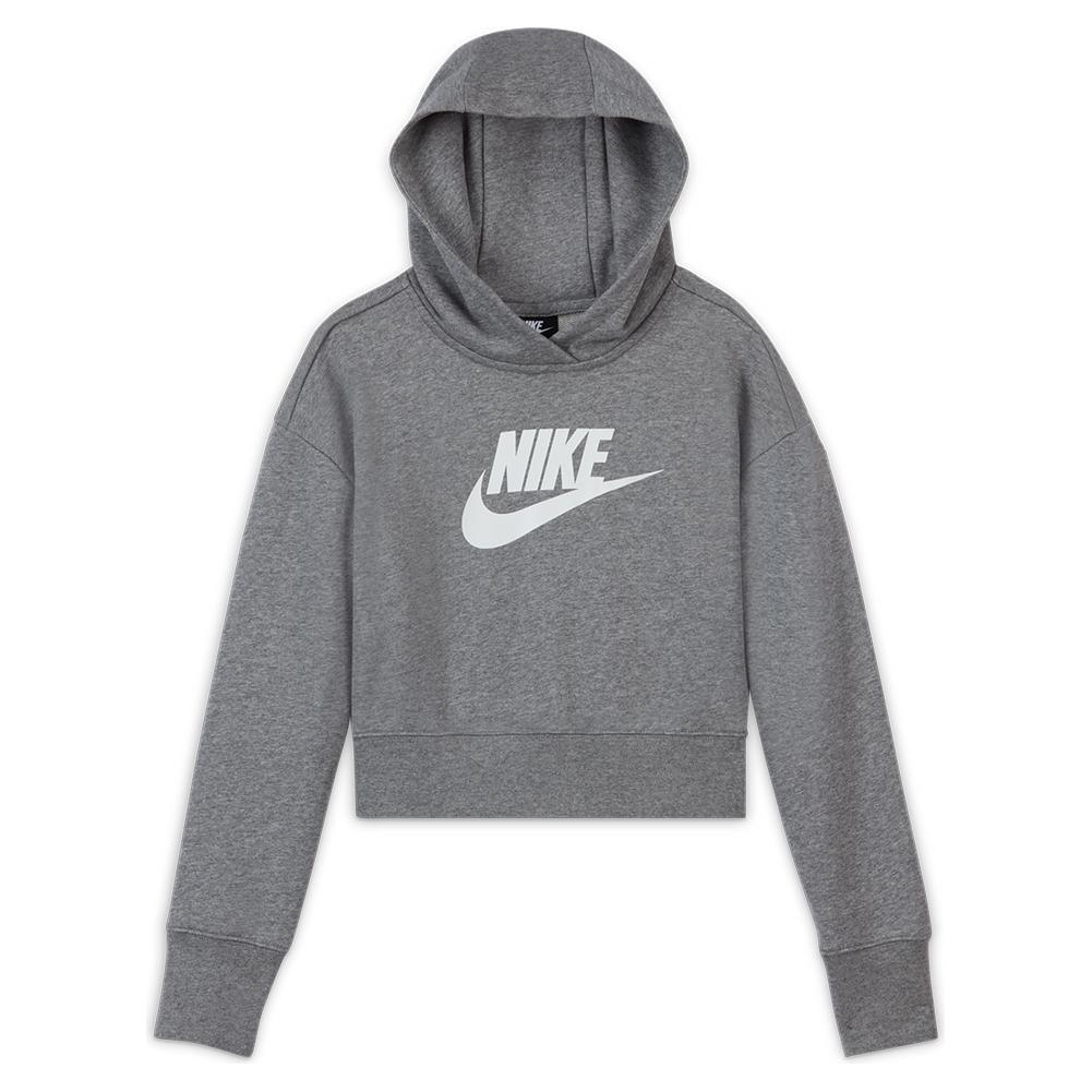 Girls' Sportswear Club French Terry Cropped Hoodie Carbon Heather and White Apparel Nike
