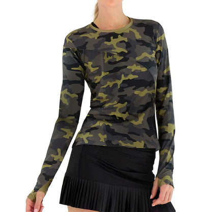Women`s Parker Long Sleeve Tennis Top Camo and Golden Green Apparel Inphorm