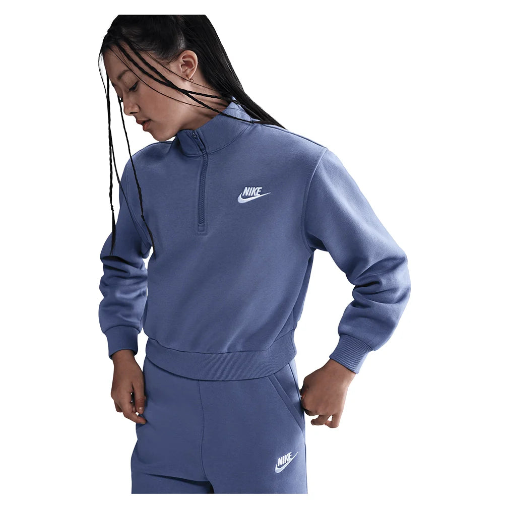 Girls' Sportswear Club Fleece 1/2-Zip Long-Sleeve Top World Indigo and White Apparel Nike