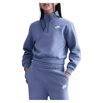 Girls' Sportswear Club Fleece 1/2-Zip Long-Sleeve Top World Indigo and White Apparel Nike