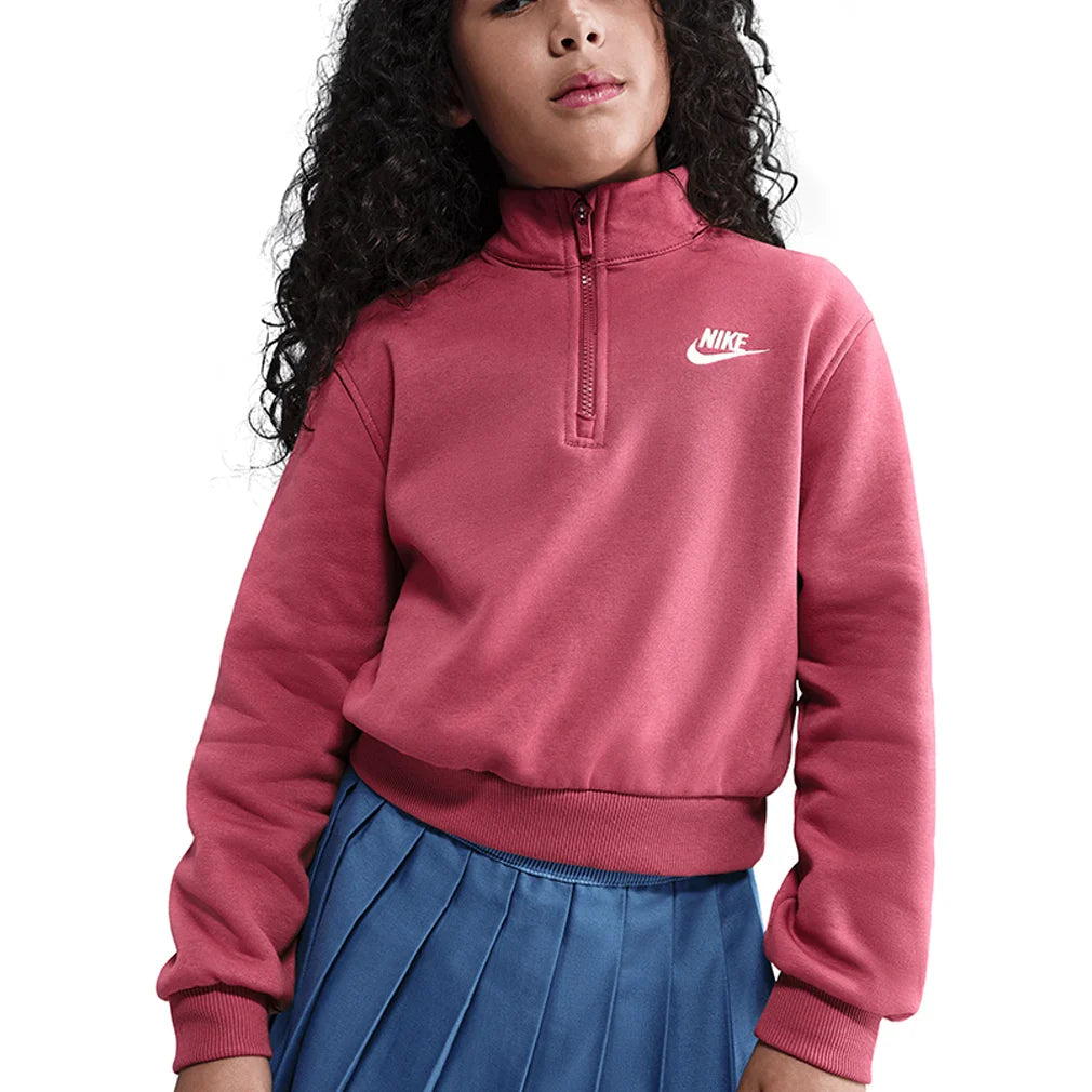 Girls' Sportswear Club Fleece 1/2-Zip Long-Sleeve Top Sweet Beet and White Apparel Nike