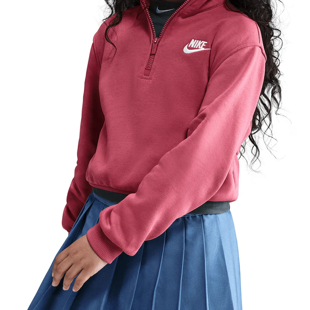 Girls' Sportswear Club Fleece 1/2-Zip Long-Sleeve Top Sweet Beet and White Apparel Nike
