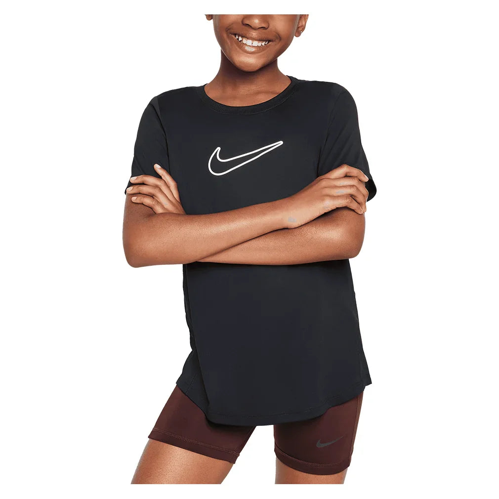 Girls` Dri-FIT One Short Sleeve Training Top Black and White Apparel Nike