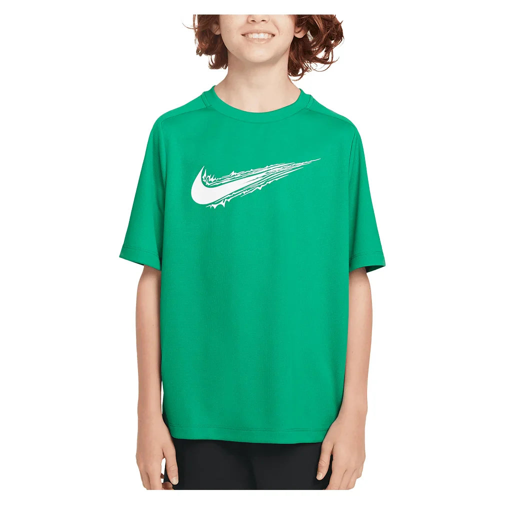 Boys` Dri-FIT Multi Short Sleeve Training Top Stadium Green and White Apparel Nike