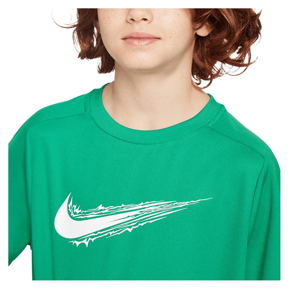 Boys` Dri-FIT Multi Short Sleeve Training Top Stadium Green and White Apparel Nike