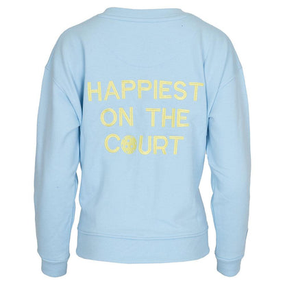 Women`s Happiest On The Court Pickleball Sweatshirt Blue and Yellow Apparel CourtLife