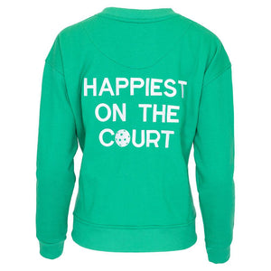 Women`s Happiest On The Court Pickleball Sweatshirt Green and White Apparel CourtLife
