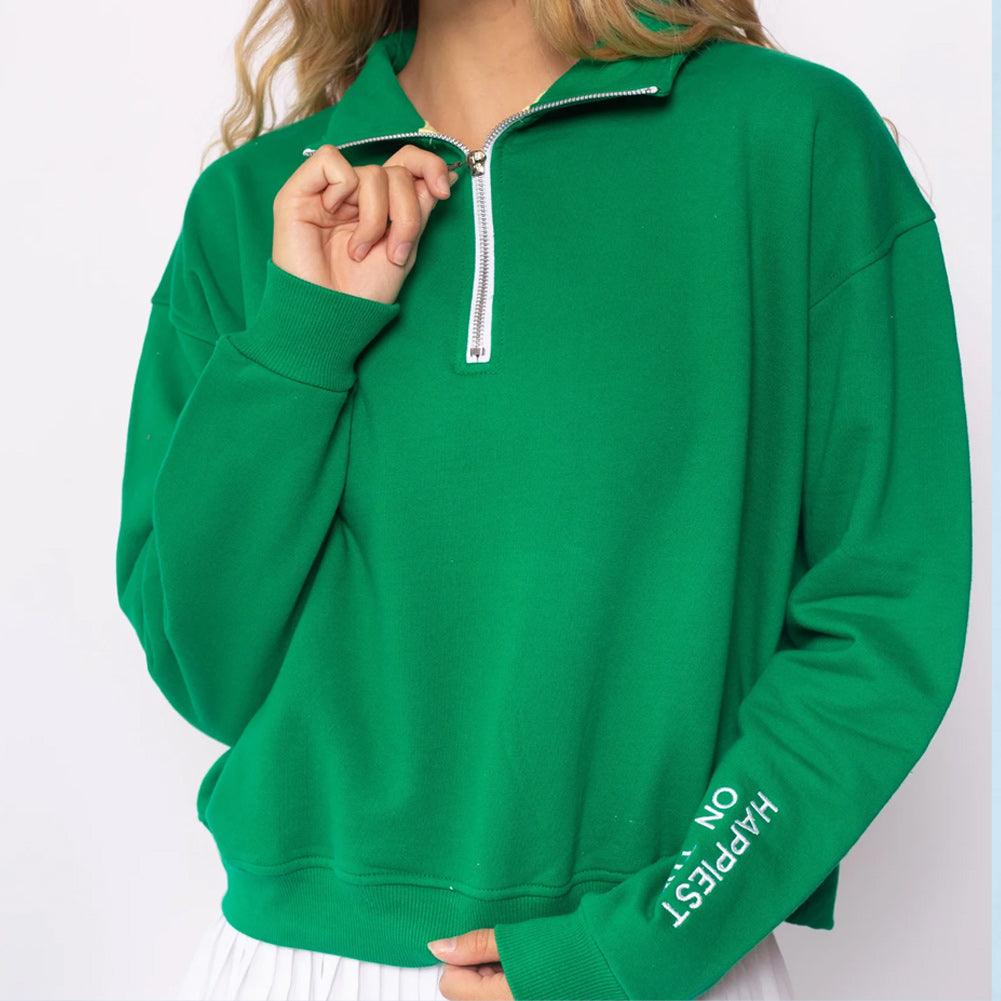 Women`s Happiest On The Court 1/4 Zip Tennis Sweatshirt Green and White Apparel CourtLife